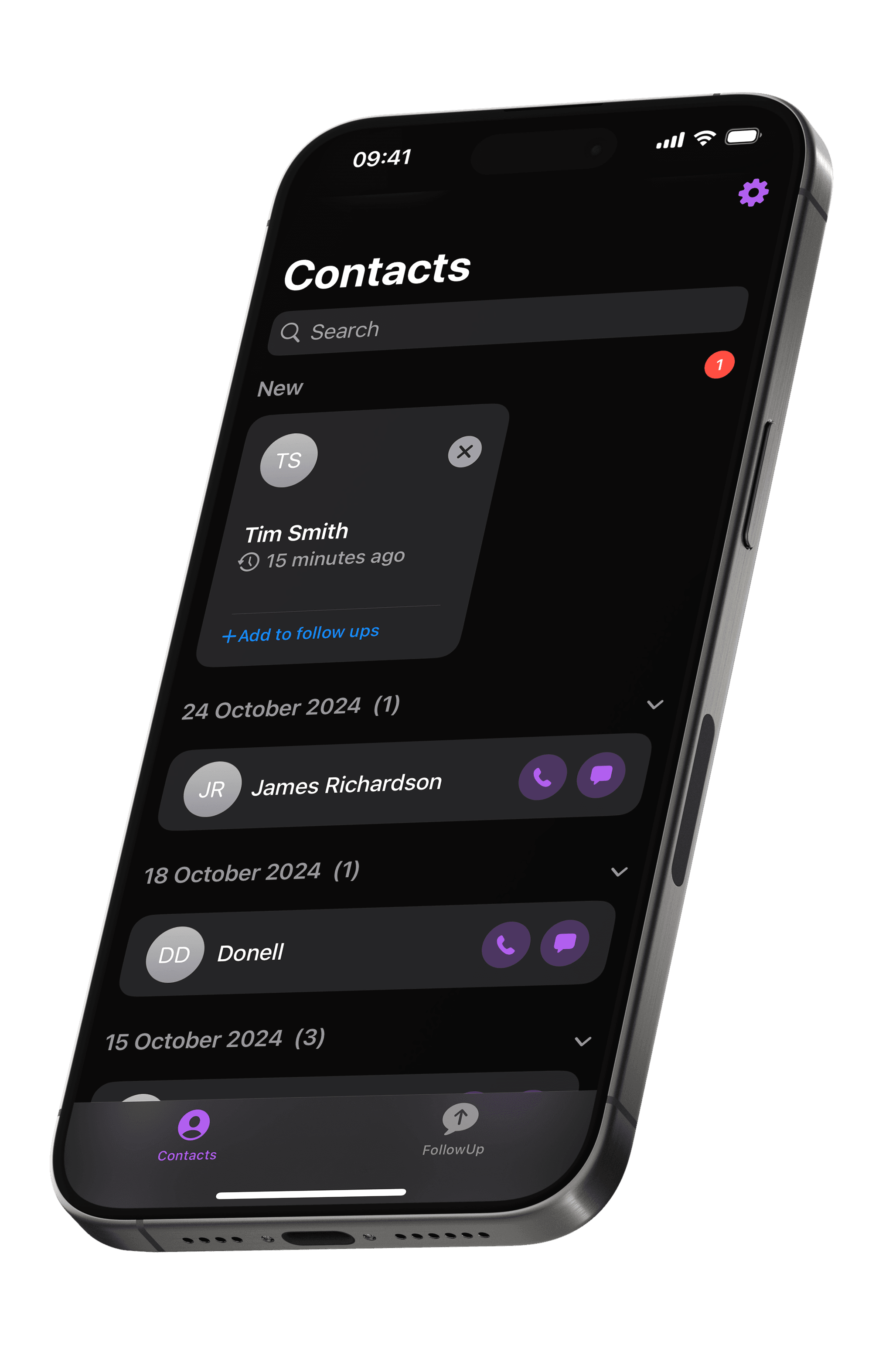 FollowUp contacts screen in iPhone mockup